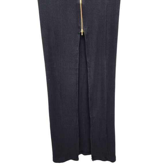 Haute Monde Black Ribbed Midi Skirt Front Zipper Detail Adjustable Slit Size M - Picture 5 of 13
